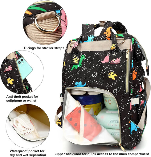 Xunteny Backpack Dinosaur Baby Diaper Bag for Girls Boys, Waterproof Large Maternity Nappy Bags for Mom