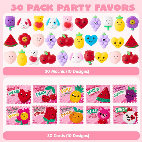 30 Packs JOYIN Valentines Day Gift Cards with Fruit Mochi Squishy Toys, Stress Relief Fidget Toys, Cartoon Squeeze Toy