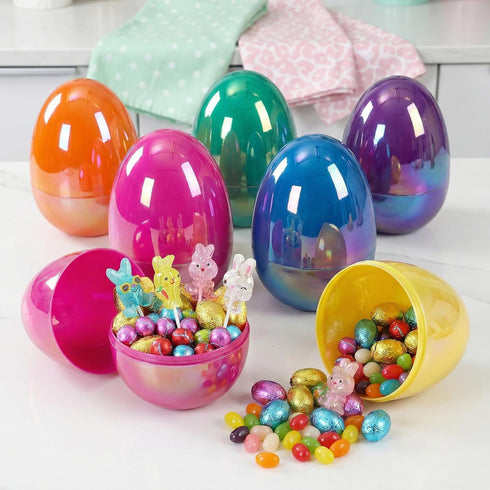 PNIOTAIN 6 6 Inch (Shimmer) Pcs Large Easter Eggs Fillable, Colorful Jumbo Plastic Empty Egg Stand Upright for Easter