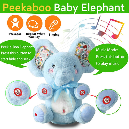 HCdoujoy Baby Blue Peek A Boo Elephant Plush Stuffed Singing Elephant, Repeat What You Say, Musical for Toddler