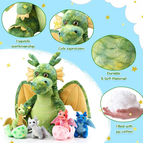 7 Set 15.75" 4 2 Mommy's Arrowbash Pcs Dragon Plush Toys Gift Large Dragon Mom Stuffed Animal with Cute Babies and Eggs