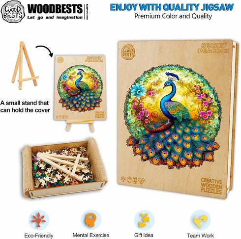 WOODBESTS Wooden Jigsaw Puzzle for Adults, Mandala Peacock, 290pcs, 13.7"x12.8", Unique Shape, Birthday Gift