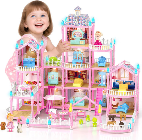 randhar Doll House for Girls, Dream Dollhouse 4-Story 15 Rooms with 2 Dolls,