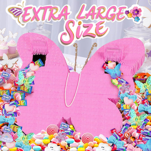 27" Pink Butterfly Pinata for Girls Birthday, Dreamy Floral Party Supplies with Stick, Blindfold & Confetti - Sturdy