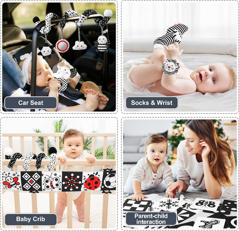 AJsupojouet 0-6 Tummy 0 2 4 6 Newborn Toys,High Contrast Black & White Baby Toys Months with Sensory Cards & Rattle