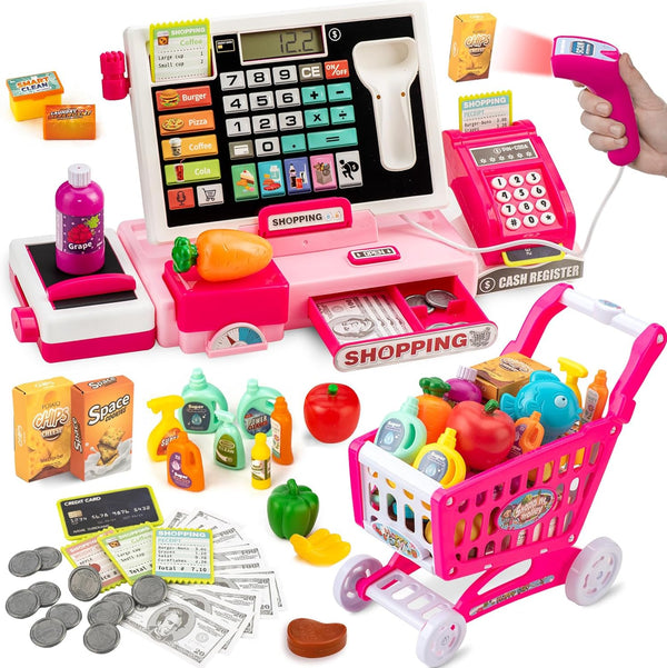 Kids Cash Register Toy with Shopping Cart - Toddler Pretend Play Store Cashier Register with Music and Calculator