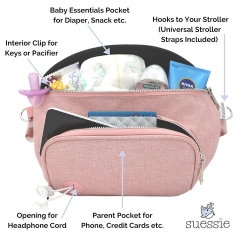 Suessie Fanny Pack Diaper Bag - with Baby Changing Pad & Waterproof Wipes Pocket - Stroller Organizer