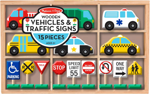 Melissa & Doug 6 Cars and 9 Traffic Signs Wooden Vehicles Set