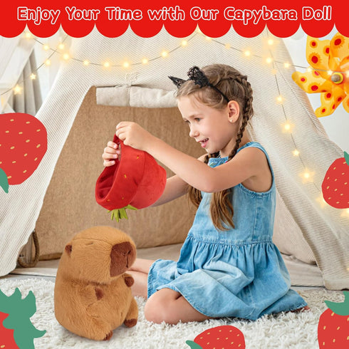 Emoin Capybara Plush Toy - 9.8 Inch Kawaii Capybara with Strawberry Hat, Soft Brown Doll Gift for Kids Adults