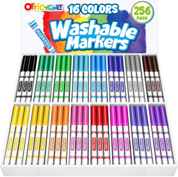 Officygnet 256 Count Washable Markers Bulk, 16 Assorted Colors, Conical Tip with