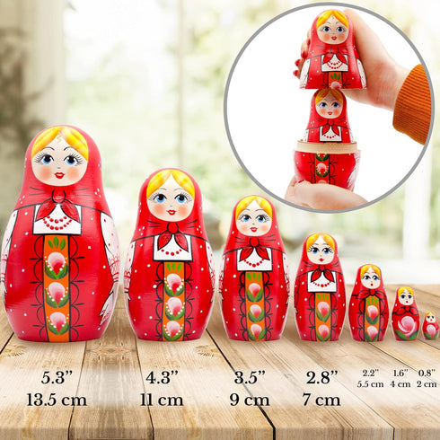 Set 7 Nesting Dolls of pcs - Baboushka Russian Dolls in Hand Painted Red Head Scarf and Sarafan Dress with Ornaments