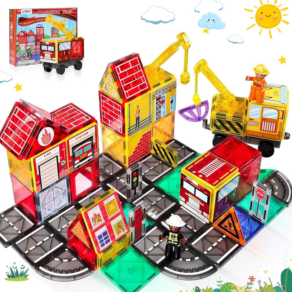 Magnetic Tiles Road Set with 2 Cranes & Double-Sided Magnet Tiles,Boys Toys