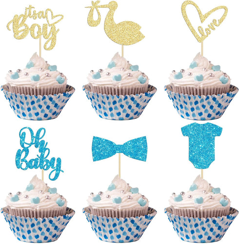 Gyufise 36 Pack Oh Baby Cupcake Toppers, It's a Boy Glitter Cake Picks for Baby Shower & Birthday Party Supplies