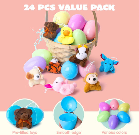 24 Pack JOYIN Prefilled Easter Eggs of Mini Stuffed Animal Plush Toys Baster Stuffer Filler for Kids Easter Egg Hunt