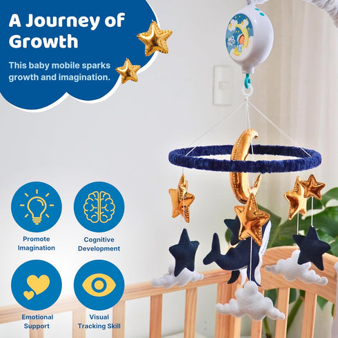 Whale Hanging Mobile - Nautical Stars and Moon Nursery Mobile for Boys - Felt Whale Gold Stars - Navy Blue Nursery