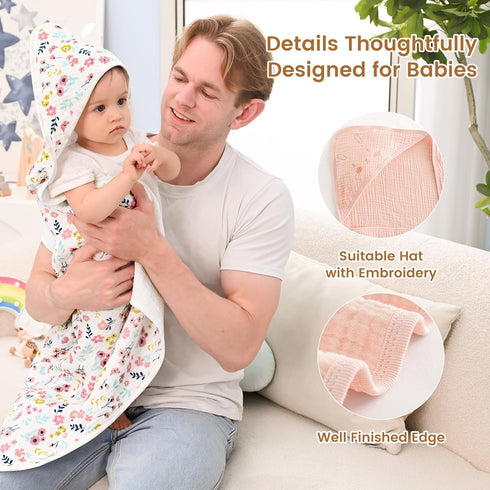 2 Pack 32"x32", 6 100% david's kids Hooded Baby Towels, Large Layer Muslin Cotton Highly Absorbent Girl Bath Towel