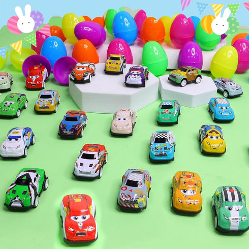 24 Pack Prefilled Easter Eggs with Pull Back Cars, Easter Basket Stuffers Toys Colorful Racing Vehicle for Kids Boys