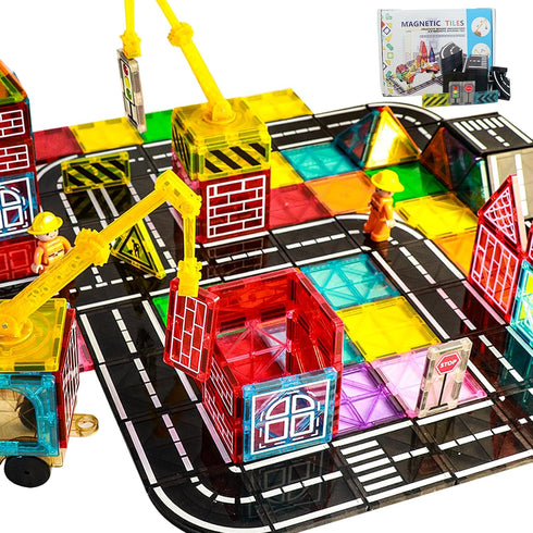 Magnetic Tiles Road Set with Crane for Kids Ages 3-5 4-8 5-7