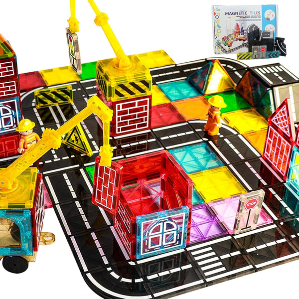Magnetic Tiles Road Set with Crane for Kids Ages 3-5 4-8 5-7