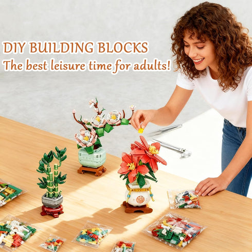 USVillGO 3 Set, Poinsettia-Pink (1576PCS) Botanicals Bonsai Flowers Building Blocks Lucky Bamboo-Red Orchid Artificial