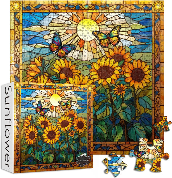 PICKFORU Stained Glass 1000 Piece Puzzles for Adults, Sunflowers and Butterfly Flower Home Decor