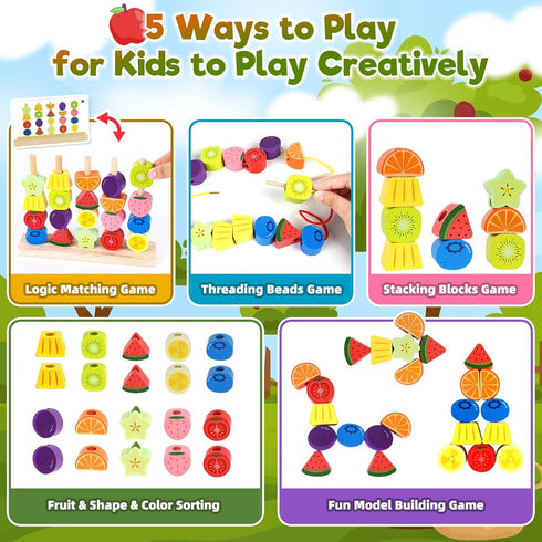 2 3 4 2-5 Montessori Wooden Beads Stacking Toys: Year Old Boys Girls Birthday Gifts - Toddler Sequence Game & Sorting