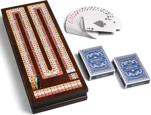 Set 3 9 Pegs2 BIVOMON Wooden Cribbage Board Game with Large Storage Area, Track Cribbage Board, Metal Playing