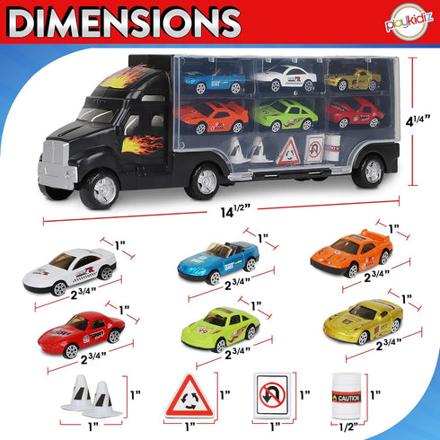 6 12 Playkidiz Car Carrier Toy Trucks for Kids - Car Transporter Toys Truck Includes Toy Cars and Accessories - Toy Car