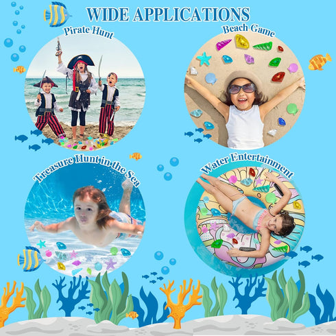 MGparty 24pcs Set Summer Swimming Diving Gem Pool Toys Colorful Diamonds with Pirate Treasure Chest Toy Underwater Toys
