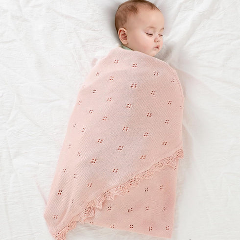 mimixiong Cotton Baby Blanket - Knitted Crochet Receiving Crib Swaddling Blankets for Newborn, Pastel Pink