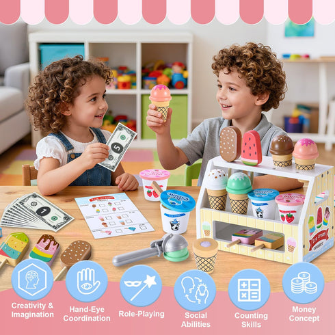 Peccvon Counter Playset 3 4 5 6 Mini Wooden Ice Cream Toys for Kids Pretend Play Kitchen Food Toys, Shop for Toddlers