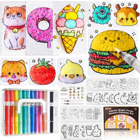 Liktoy 44Pcs Magic Foam Texture Painting Kit, 28Pcs Foam Texture Paper, 12 Colorful