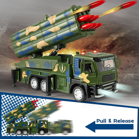 Youlechen 9 3 4 5 6 Army Truck Toy, Military Vehicle Toy with Missile Launcher Alloy Cab, Die-cast Army Toy with Lights