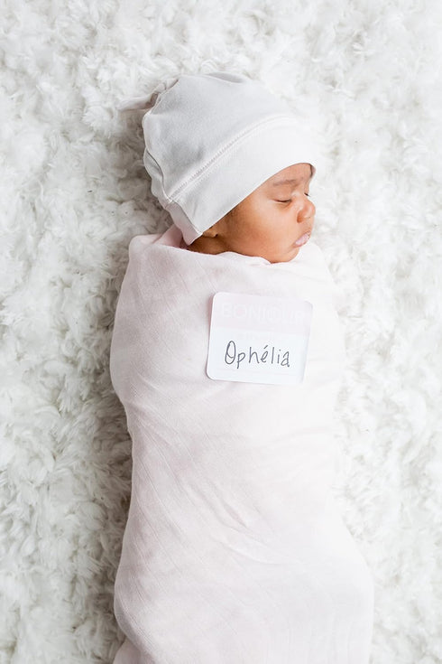 Set| 47in 47in| Lulujo Birth Announcement Hat & Swaddle Blanket Unisex Softest Bamboo Viscose Muslin Baby Swaddle
