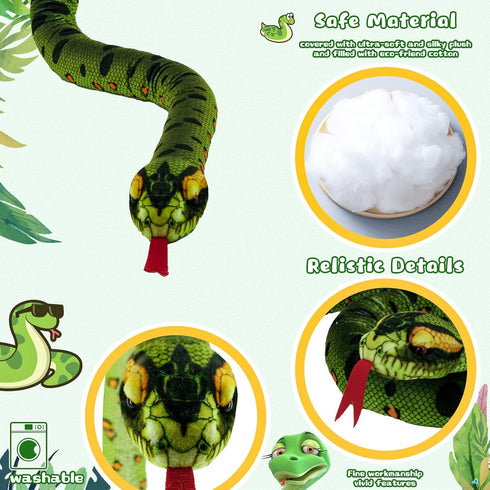Snake Plush Toy - 59'' Large Washable Green Python Cuddle Toy, Soft Children's Gift for Birthday Party Favor