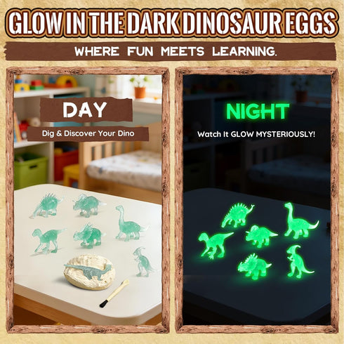 VICHTOP 12Pack 3 4 5 6 7 8 Dinosaur Egg Excavation Dig Kit for Kids - Easter Basket Stuffers, Glow in The Dark Dino
