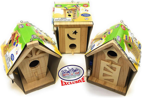 Matty's Toy Stop Paint Your Own Small Wooden Birdhouses - Gift Set Bundle (Includes Paints & Brushes) - 3 Pack