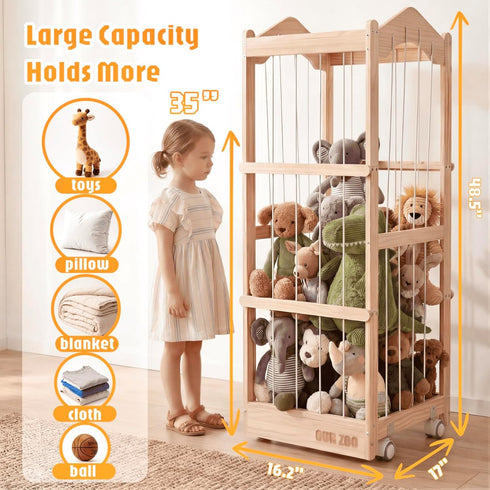 KUQAZ 3 1 (16L''x17W''x48H") Stuffed Animal Storage - in Wooden Stuffed Animal Organizer with Wheels, Extra Large