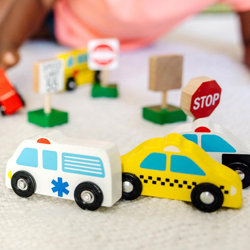 Melissa & Doug 6 Cars and 9 Traffic Signs Wooden Vehicles Set