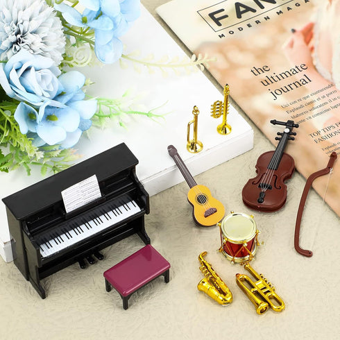 Dollhouse Miniature Musical Instrument Set in 1:12 Scale, Includes Violin, Piano, Trumpet, and Guitar