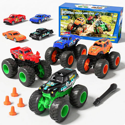 TOPMVP 8 Pack Monster Trucks & Die-cast Metal Cars Toy Set, Powered Push