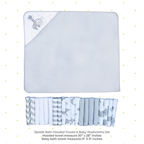 Set, 23-Piece Set, Spasilk Bath Hooded Towels & Baby Washcloths Baby Bath Essentials for Everyday Use, Gift Gray Lion