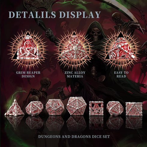 HNCCESG DND Hollow Polyhedral Dice Set, Red White Grim Reaper Metal 7Pcs with Gift Box for Tabletop Game