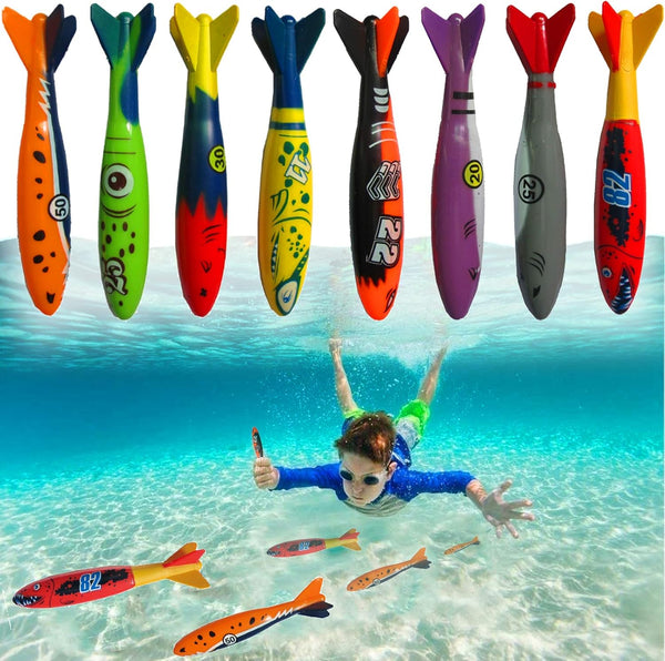 Haktoys 8-Pack Pool Toys Torpedo Diving Set for Kids & Adults, Fast-Sinking Underwater Games & Water Play