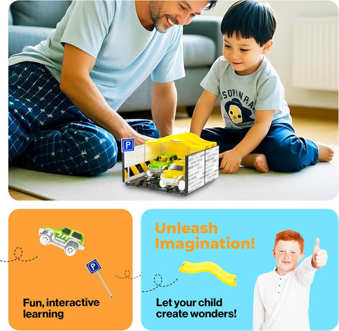 Pack 2 Set 3+ PTR07 PicassoTiles Magnetic Tiles Race Car Track Kit Parking Garage Expansion with Cars Magnet Tile