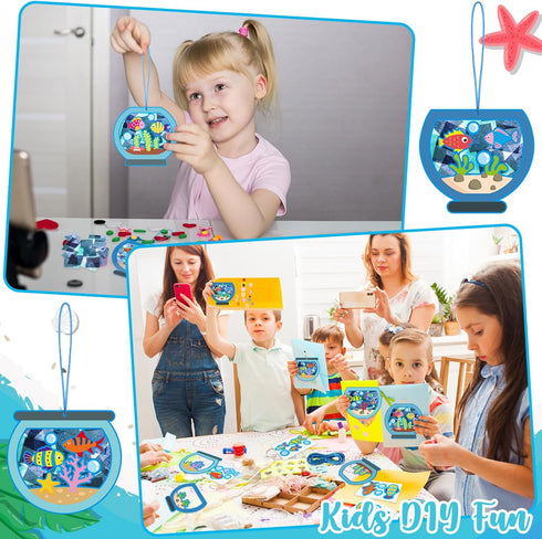 24 Sets Fishbowl Paper Crafts for Kids, DIY Aquarium Tissue Paper Sign Craft Kit, Fun Home Activities (4 Styles)