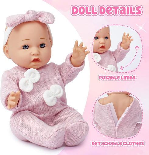 12" Set 13 3 4 5 6 Golray Soft Baby Doll with Accessories Bassinet Carrier, Pcs First Toddlers Realistic Baby Doll Crib