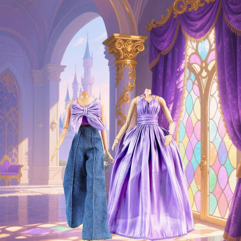 2 Sets Set 11.5 Inch E-TING Doll's Dream Outfits: Shiny Glitzy Gala Purple Dress and Bell-Bottom Jeans for Girl Doll