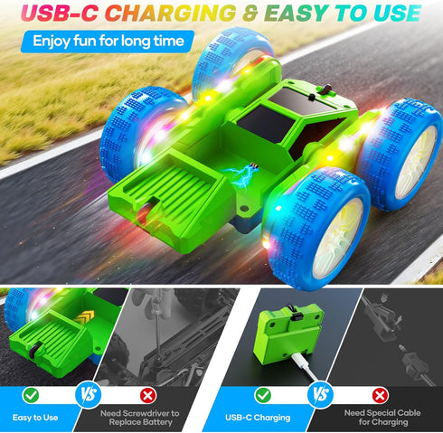 360 4WD 3+ Remote Control Car, Flips Rotating RC Stunt Car with USB-C Charge Modular Battery, RC Cars with LED Lights