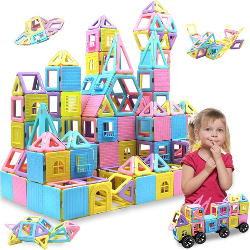 124PCS 3 4 5 6 7 8+Year Set Magnetic Tiles Toys for Old Boys Girls Upgrade Macaron Castle Blocks Building for Toddlers